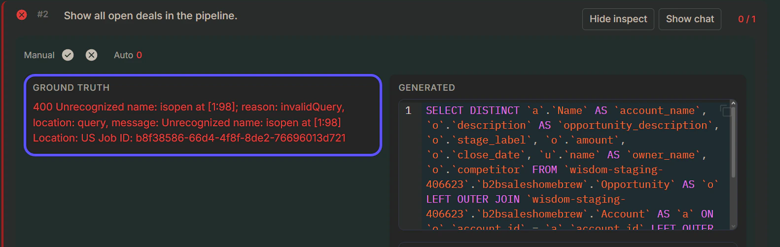 Example showing an Incorrect Sql in Red