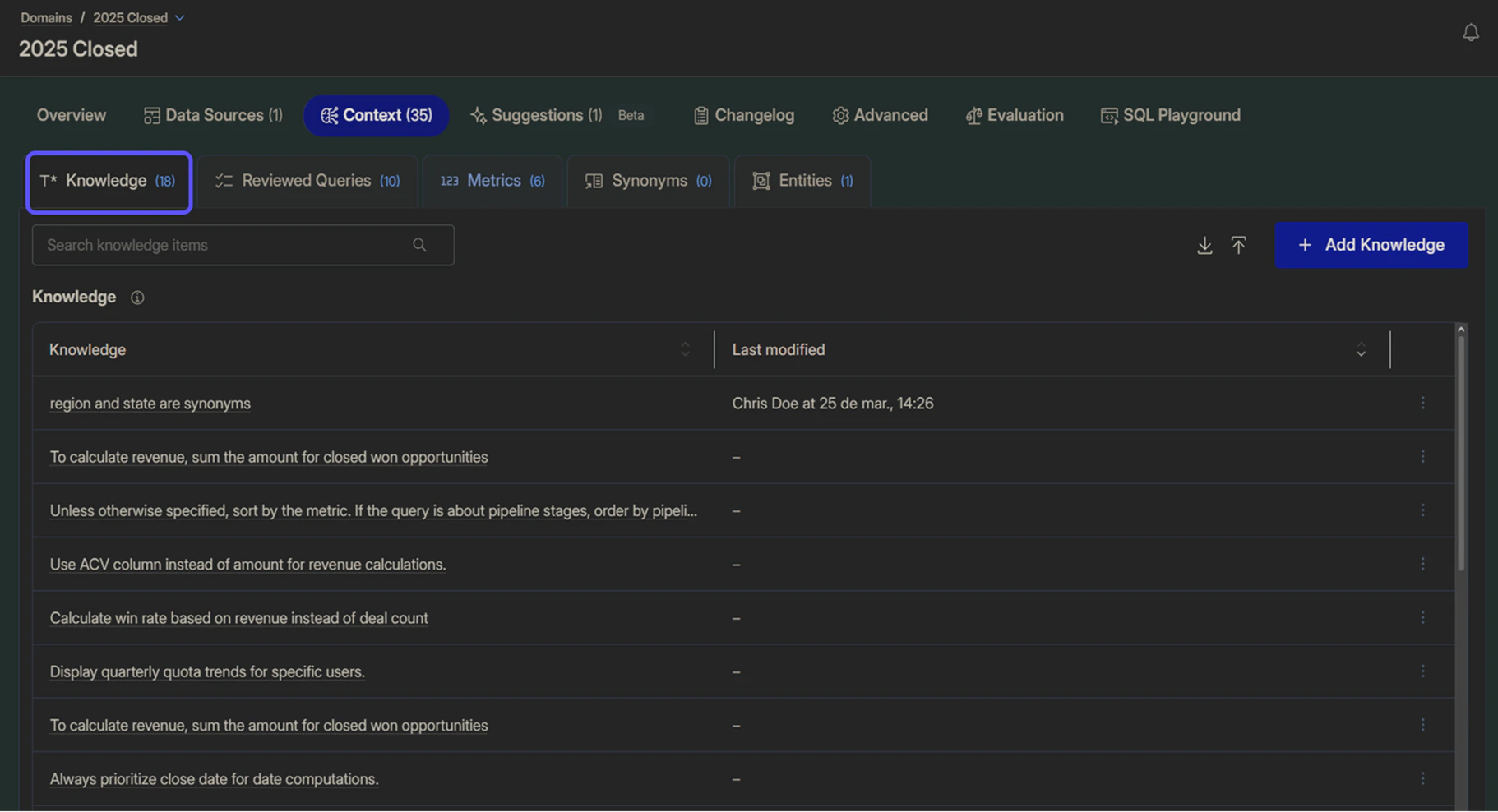 Image showing the Knowledge Tab