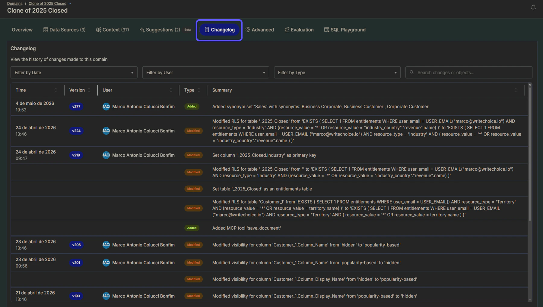 Snippet showing the Changelog Tab within a domain