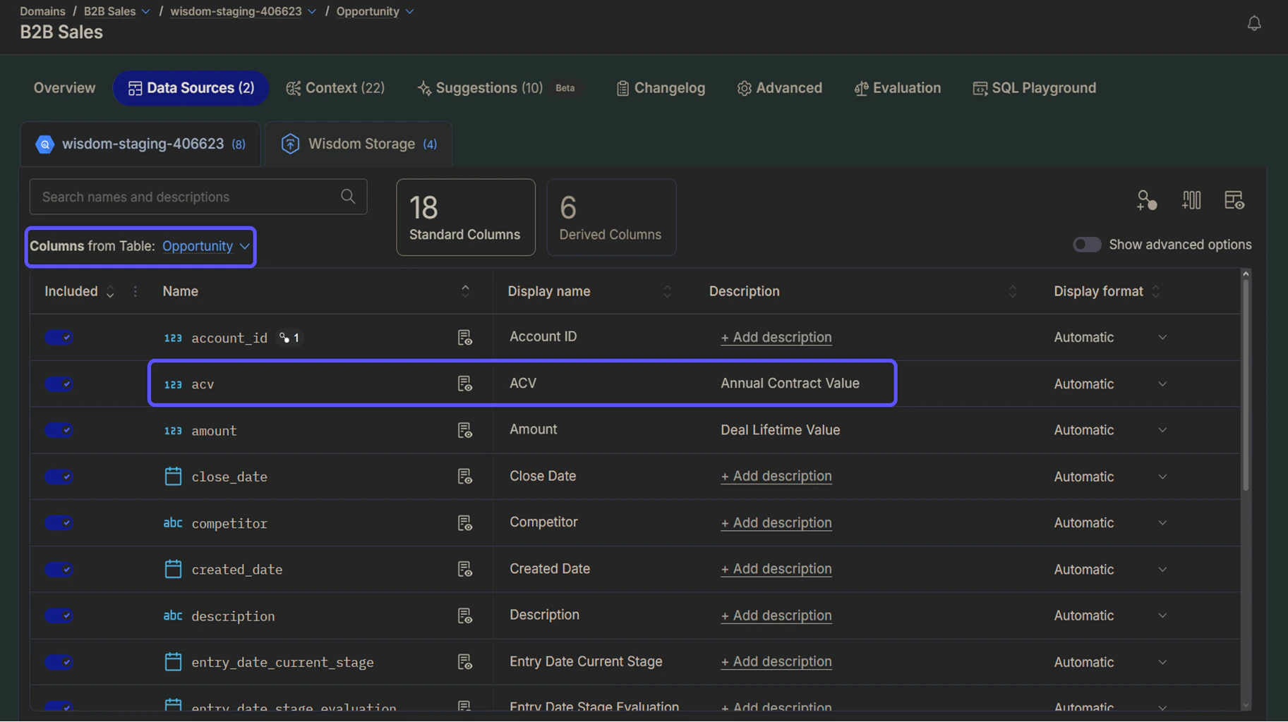 The column is listed with the Display name and the Descrption highlighted