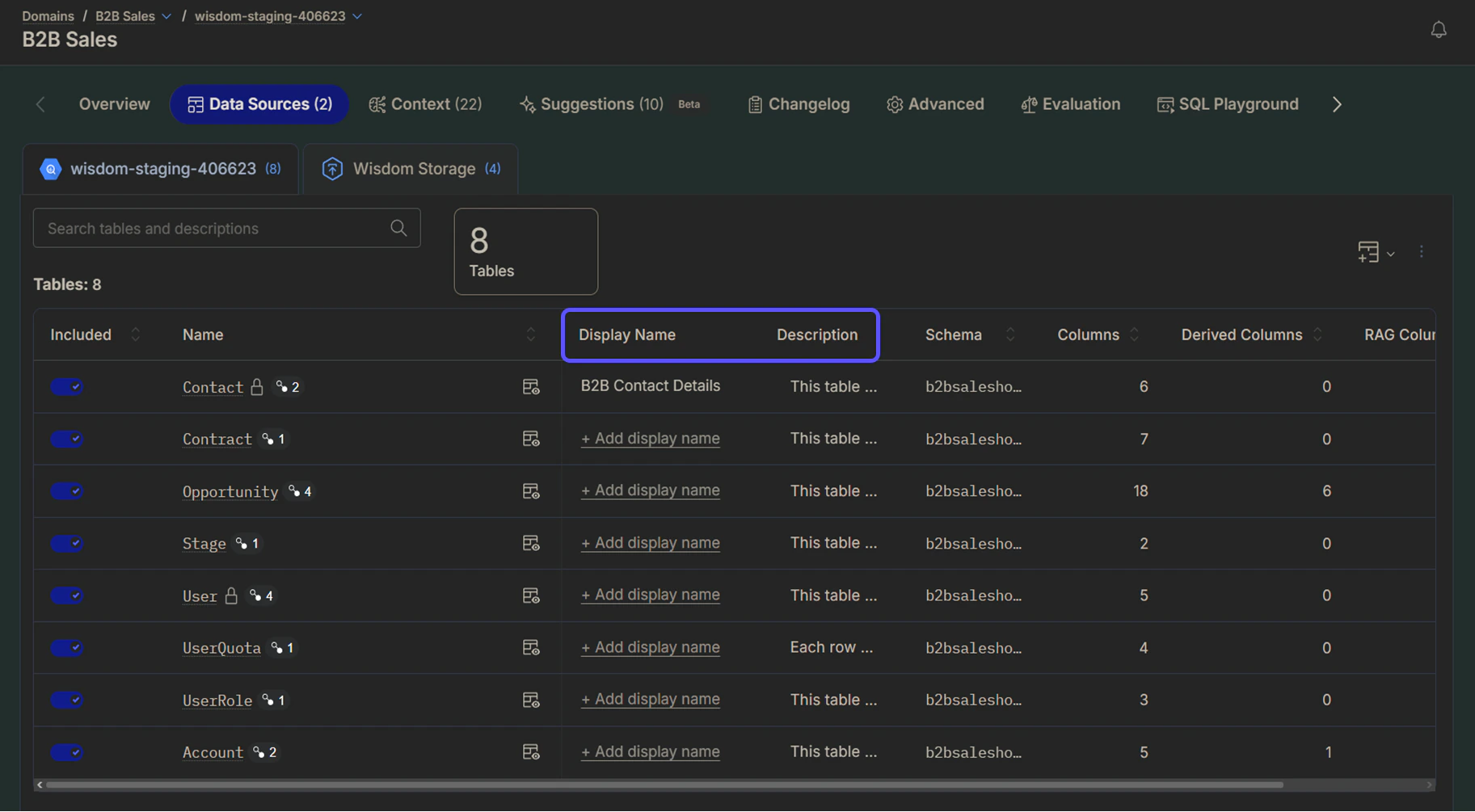 The table is listed with the Display name and Description highlighted