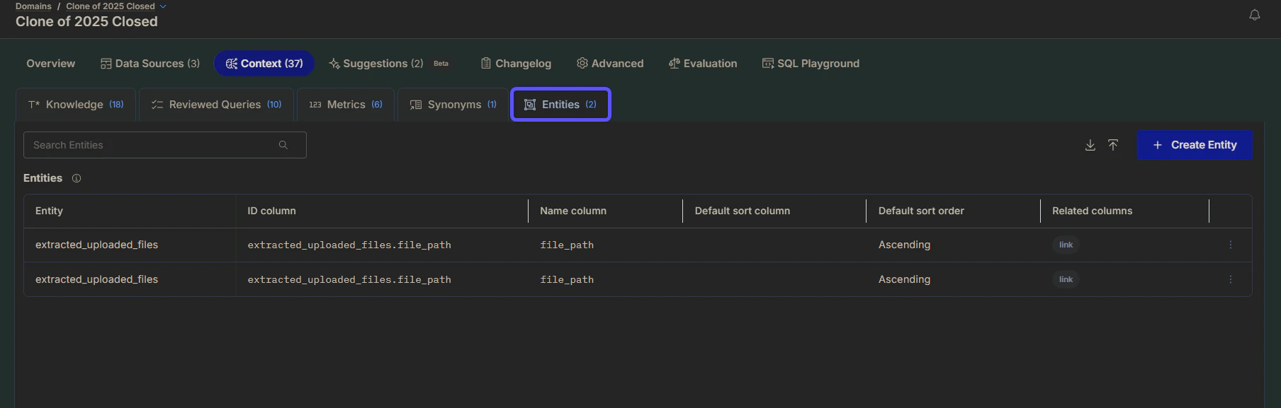Snippet showing the Entities Tab