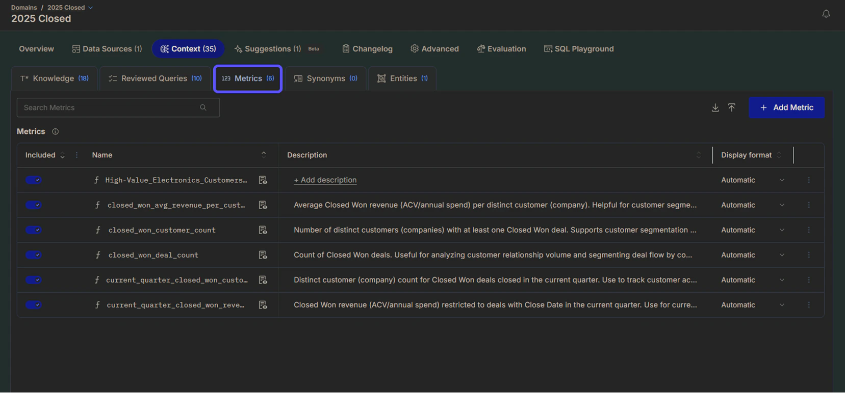 Snippet showing the Metrics Tab