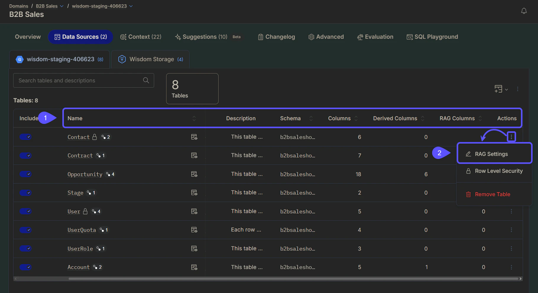 Snippet showing how to open the RAG Settings Snippet showing the RAG Settings option selected in a table menu.