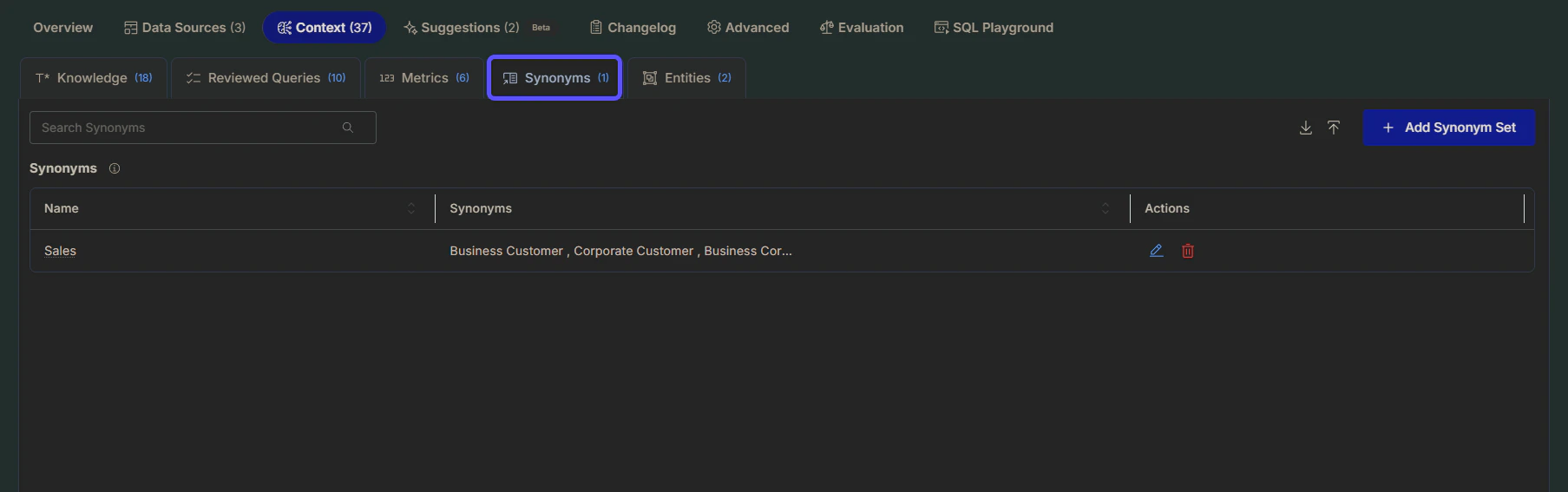 Image showing the Synonyms tab