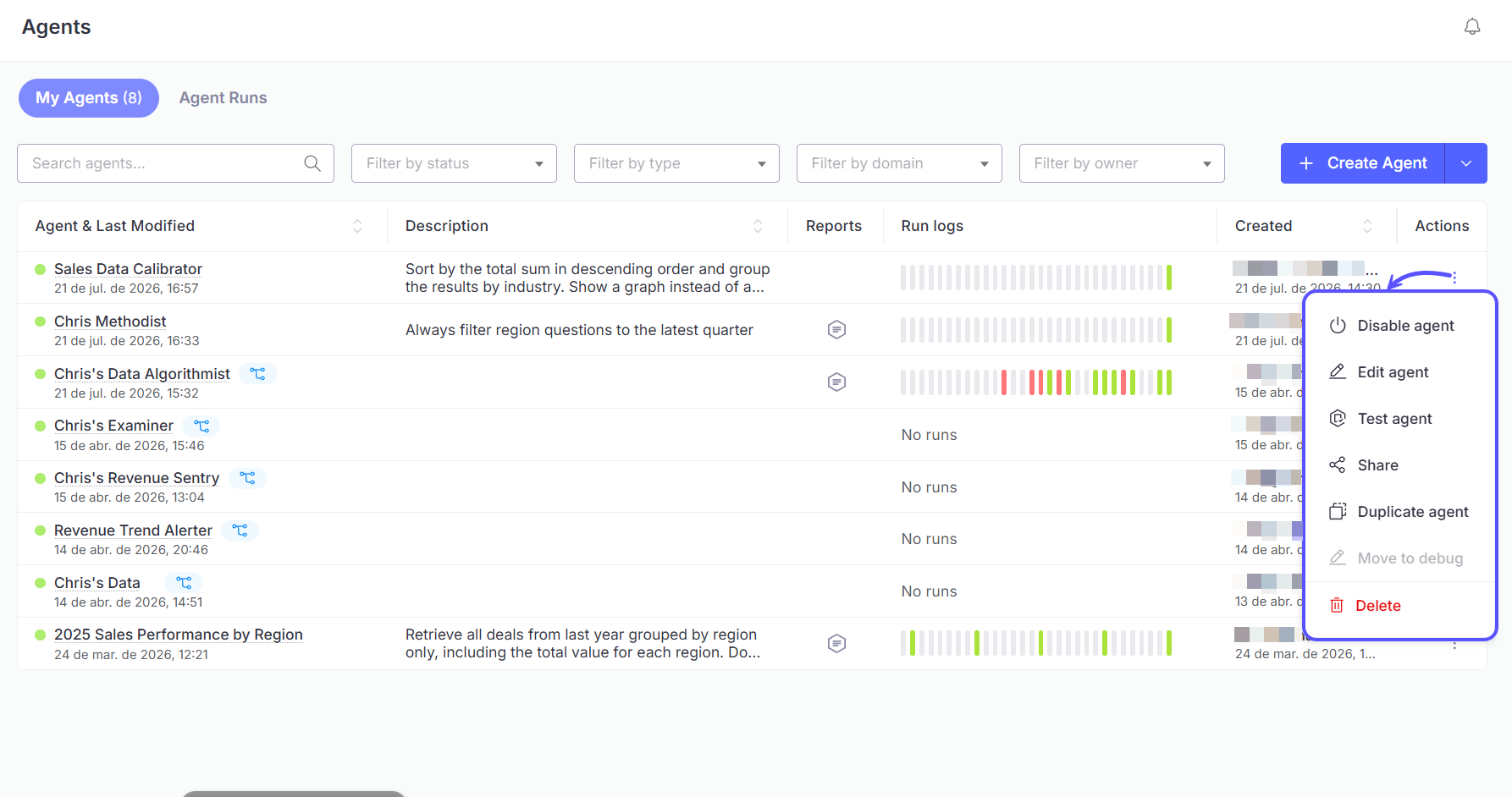 Snippet showing the options to manage an agent