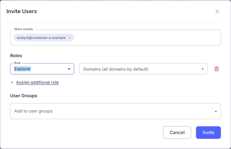 Invite Users dialog with a work email, Explorer role, all domains by default, and User Groups field