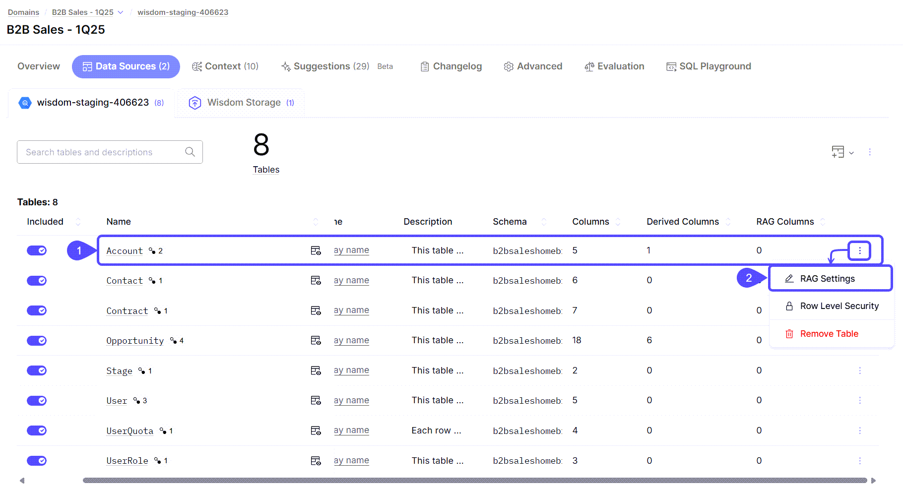 Snippet showing how to open the RAG Settings Snippet showing the RAG Settings option selected in a table menu.
