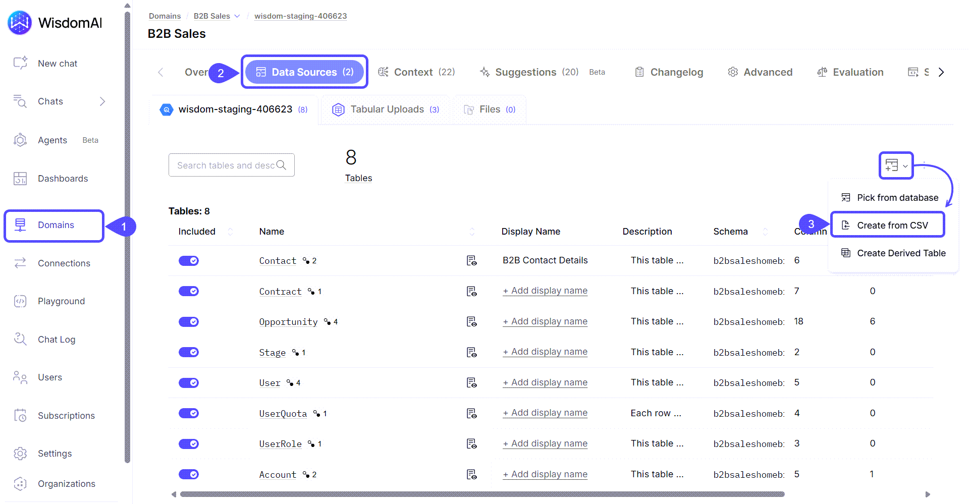 Domain screen showing the Upload a CSV file option
