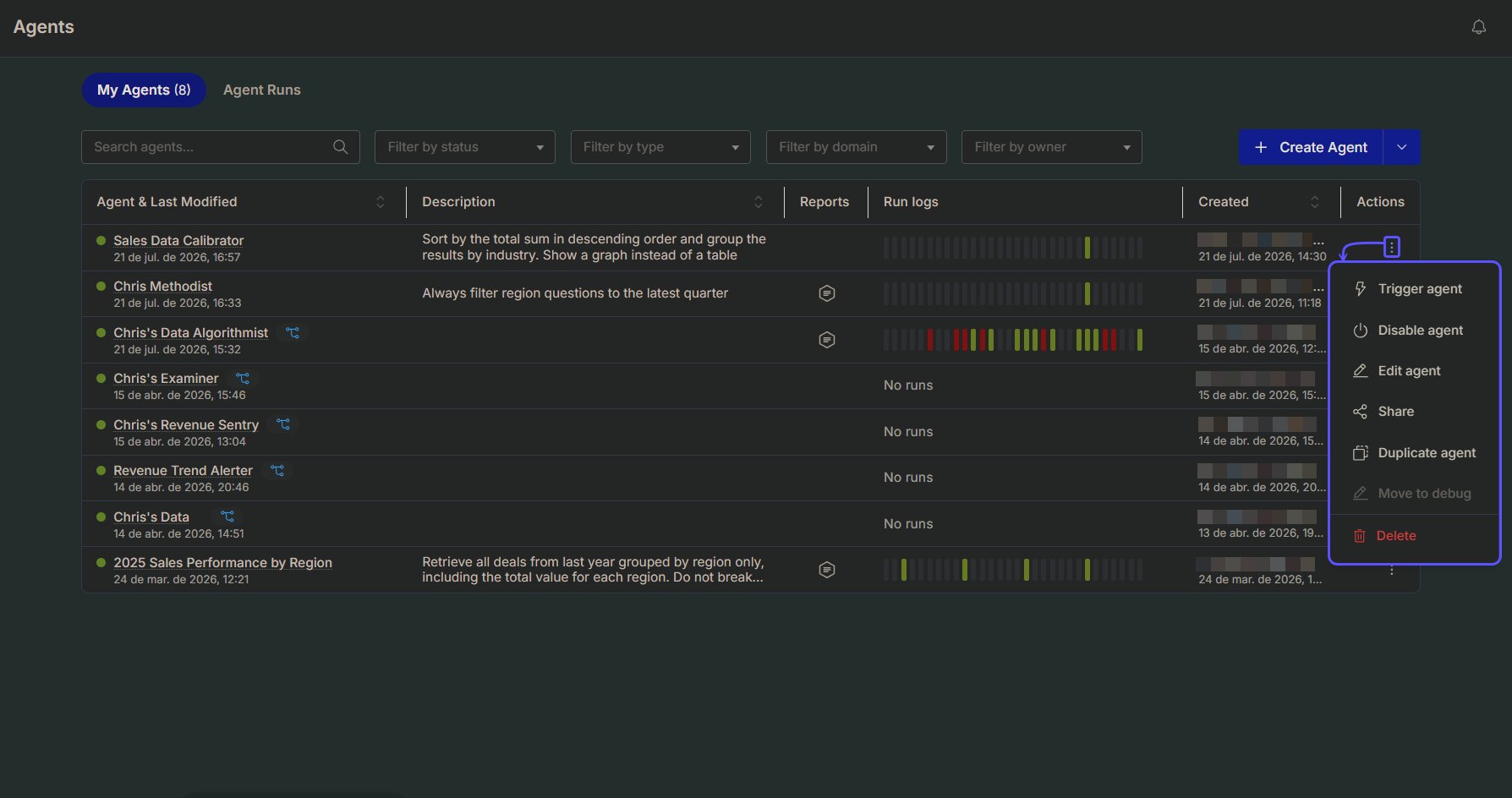 Snippet showing the options to manage an agent