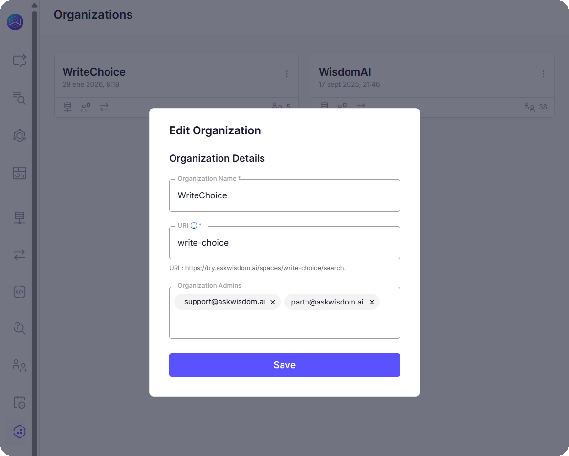 Edit Organizations modal