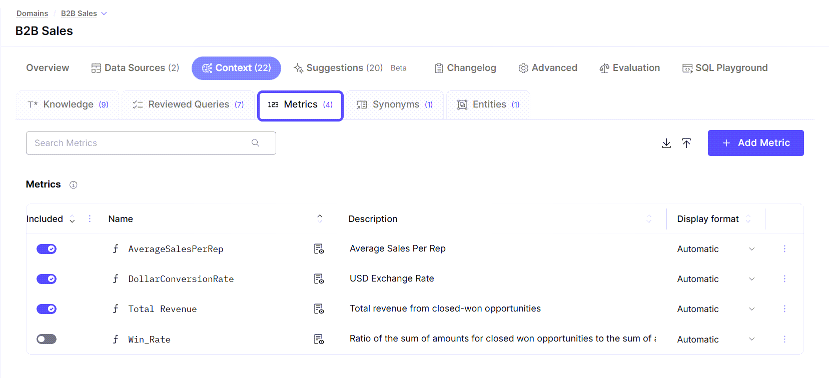 Image showing the Metrics Tab