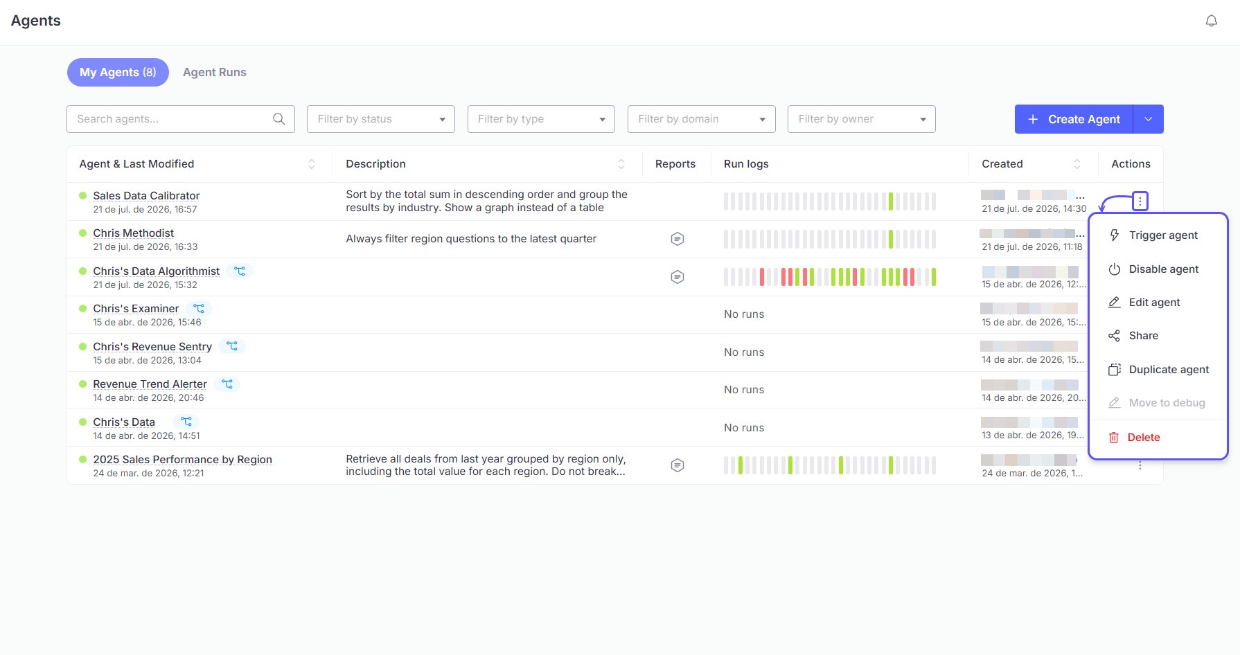 Snippet showing the options to manage an agent