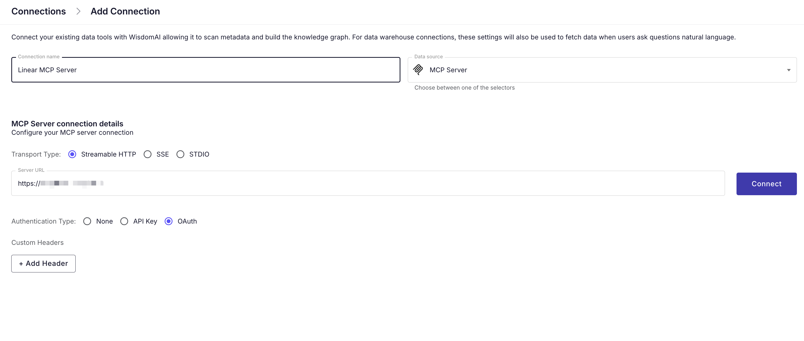 MCP Server connection settings showing Transport Type and Authentication options
