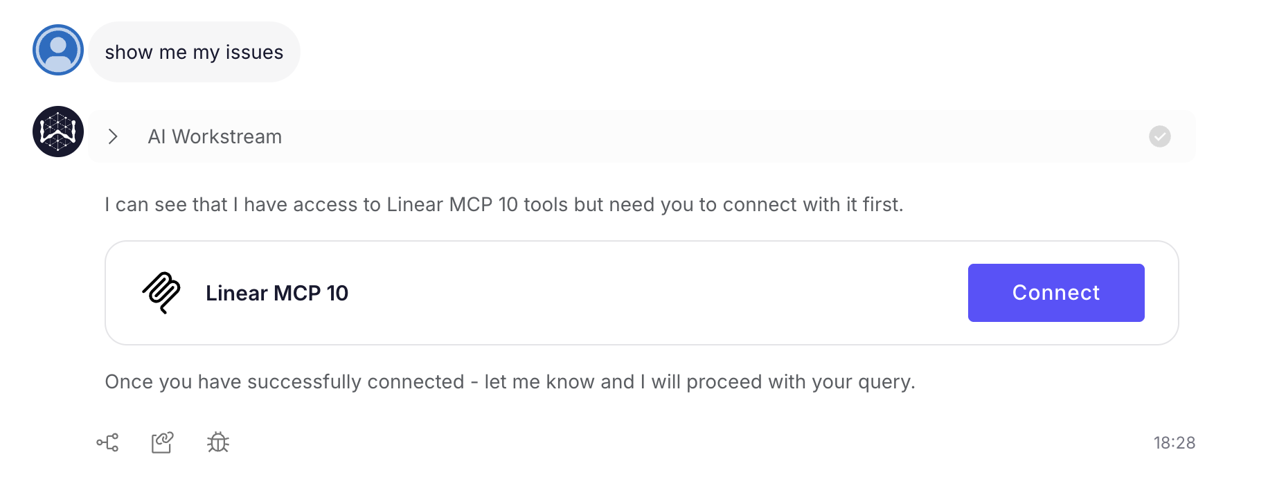 Chat interface prompting the user to authenticate with the MCP tool