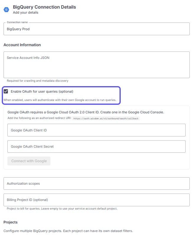 Oauth Enabled Single Enable OAuth for user queries checkbox