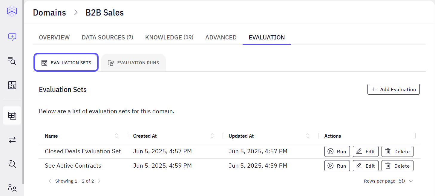 Image showing the Evaluation Sets sub-tab