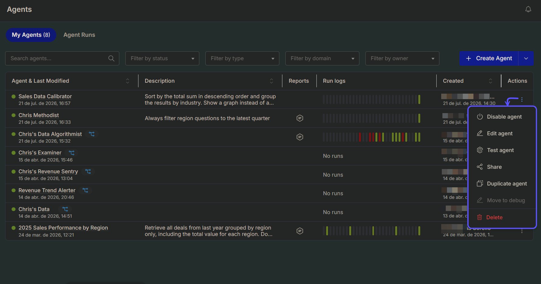 Snippet showing the options to manage an agent