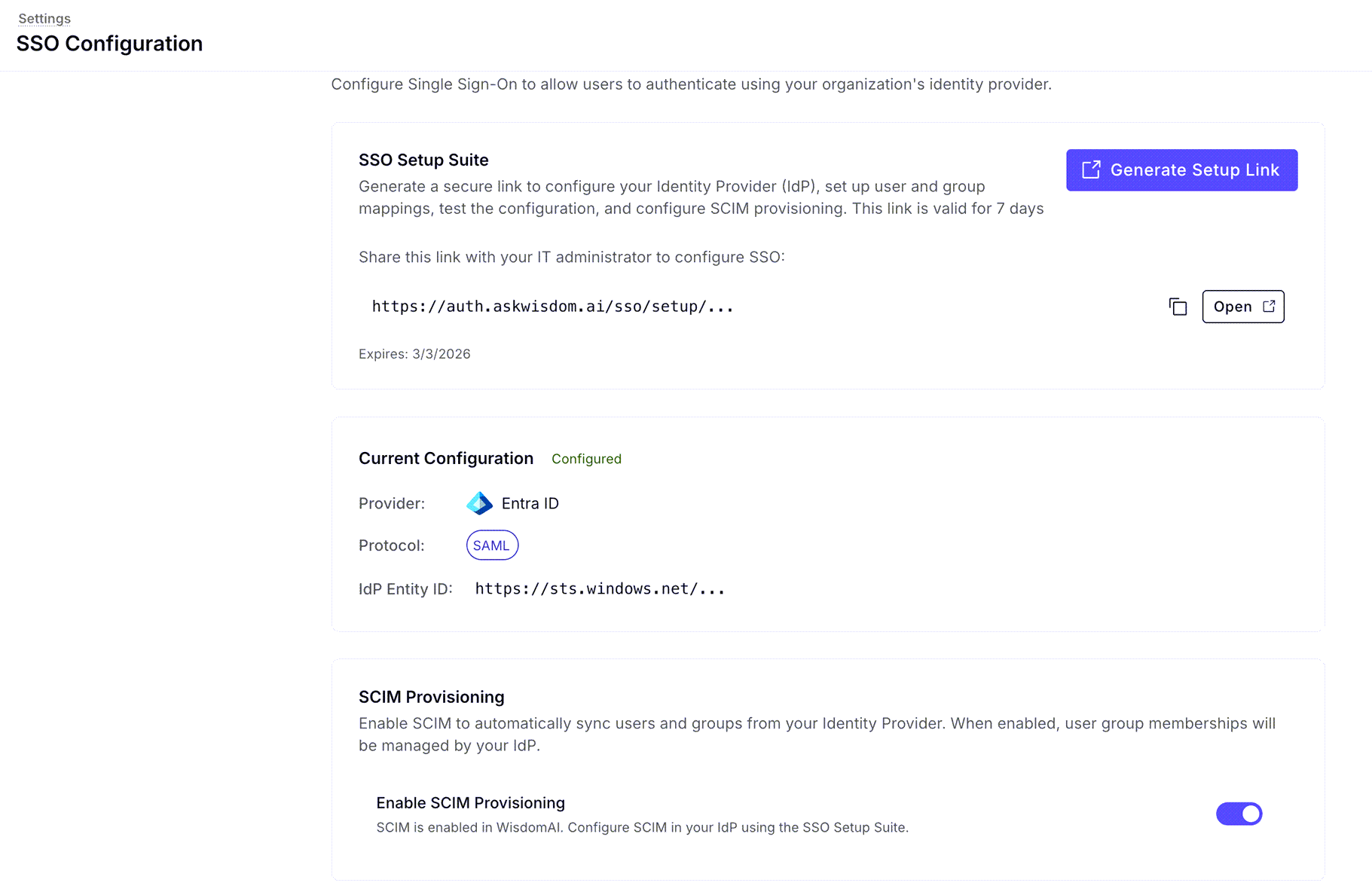 Snippet showing the sso configuration page