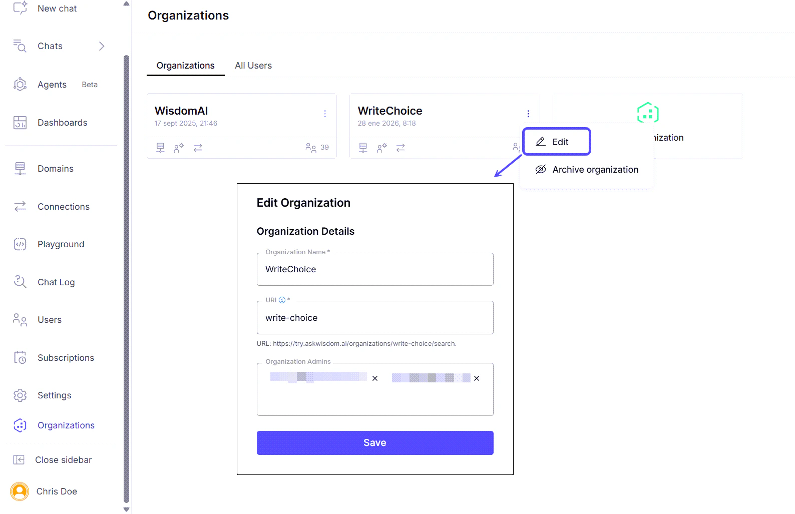 Edit Organizations modal
