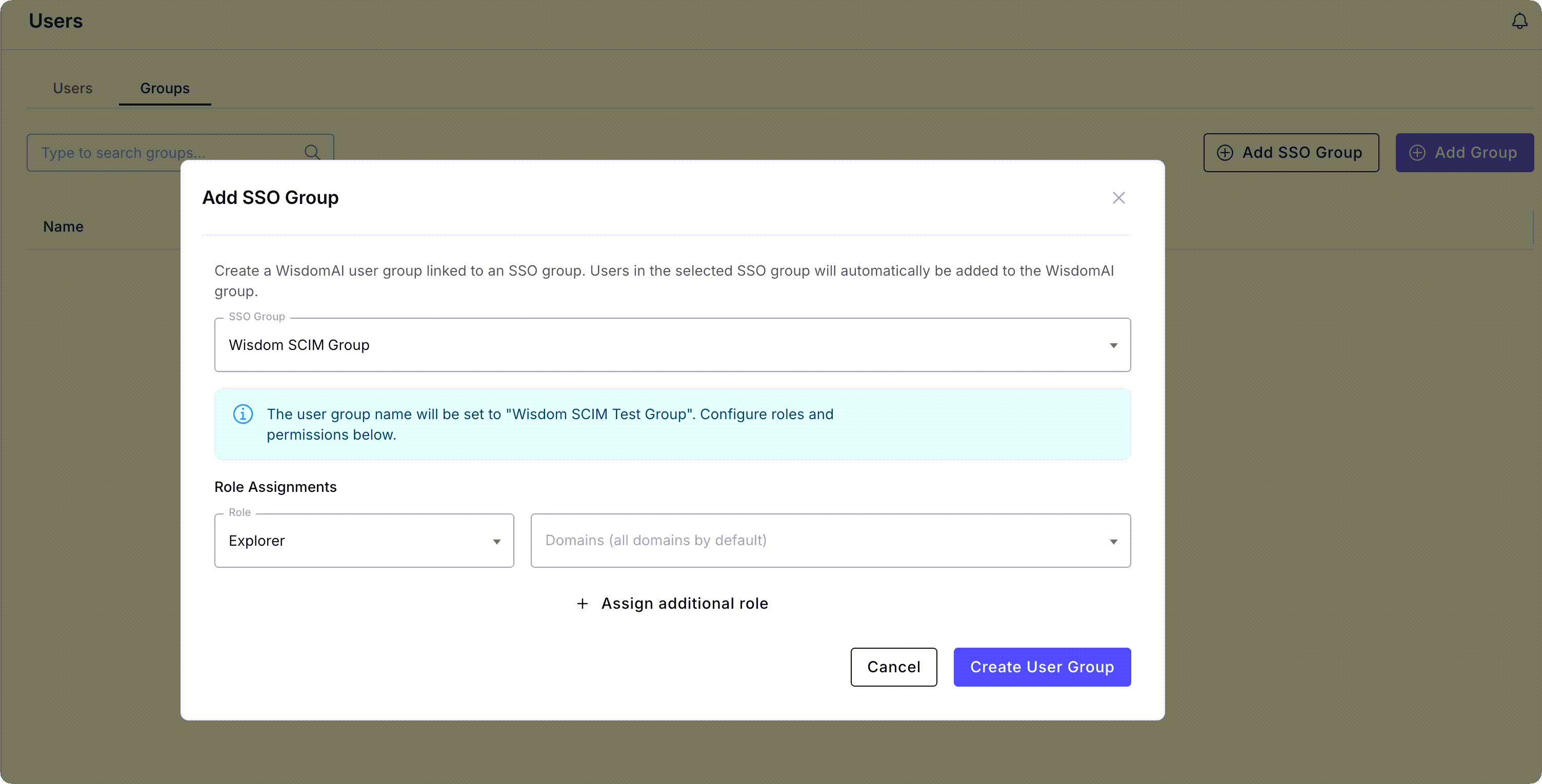 Snippet showing the Add SSO Group modal