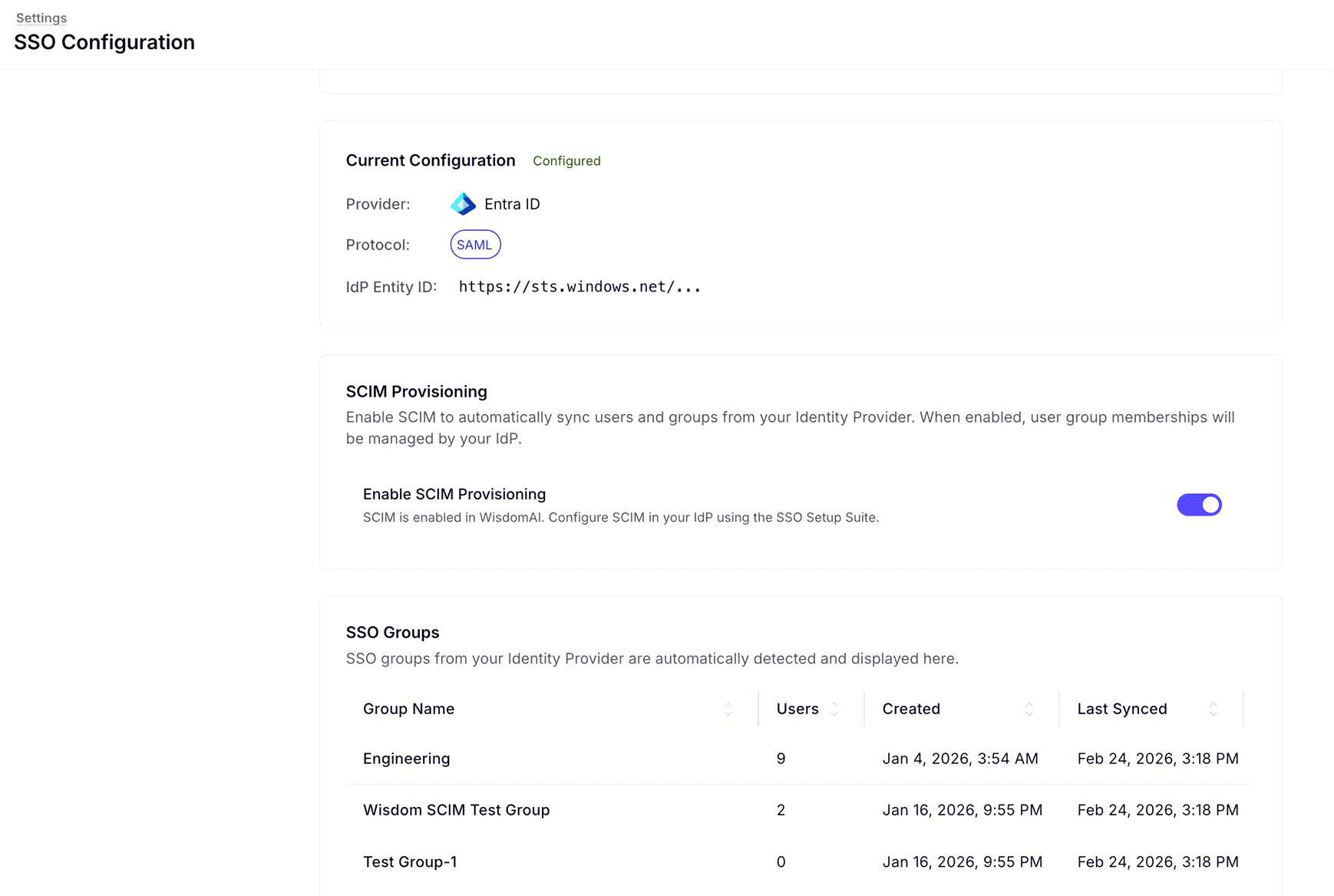 Snippet showing the SSO Groups list