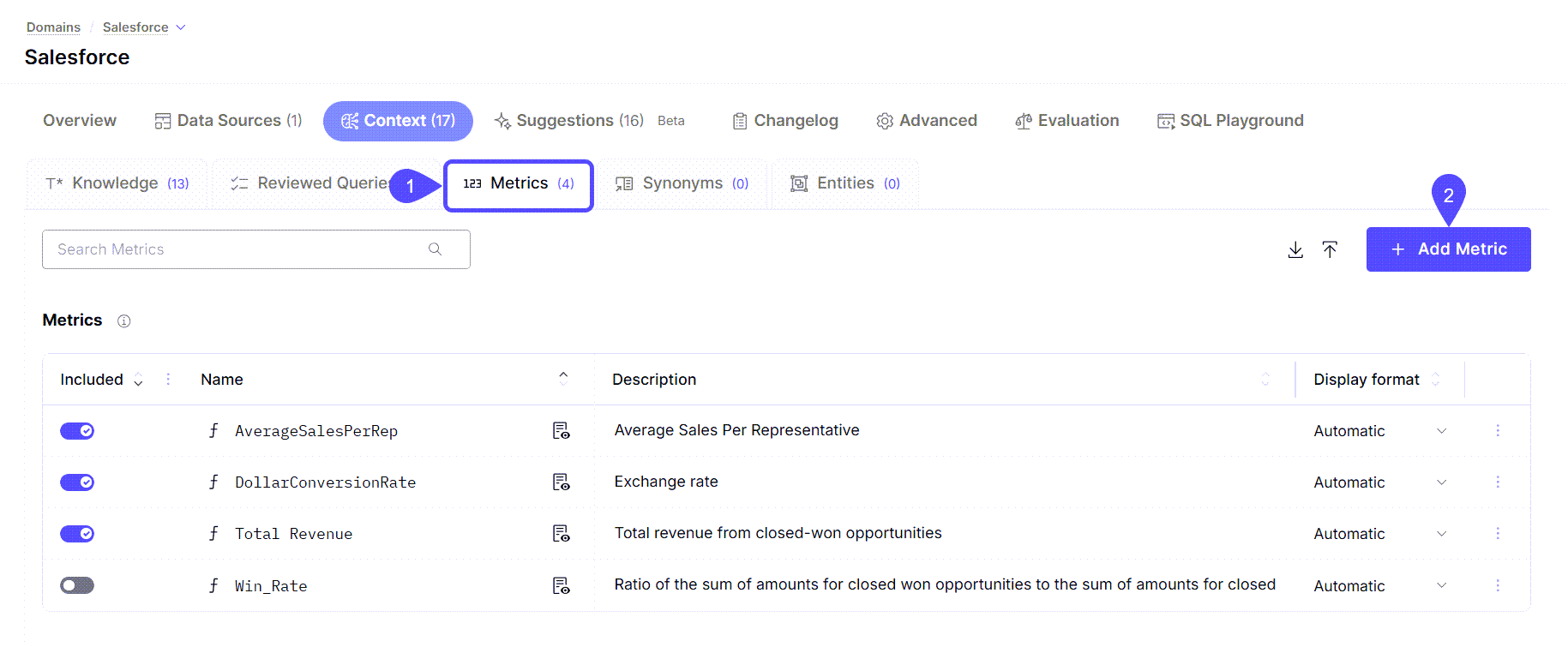Image showing te Add Metric option