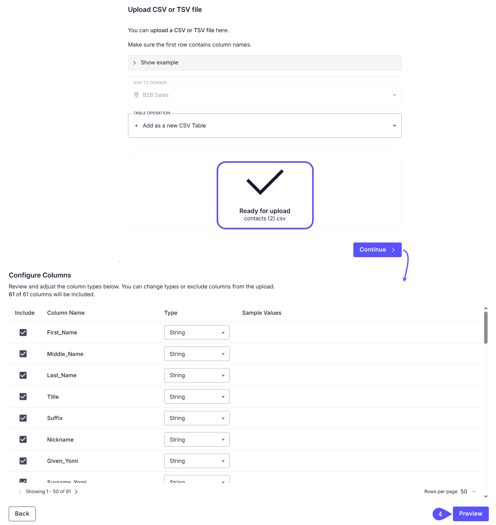 Configure tables modal