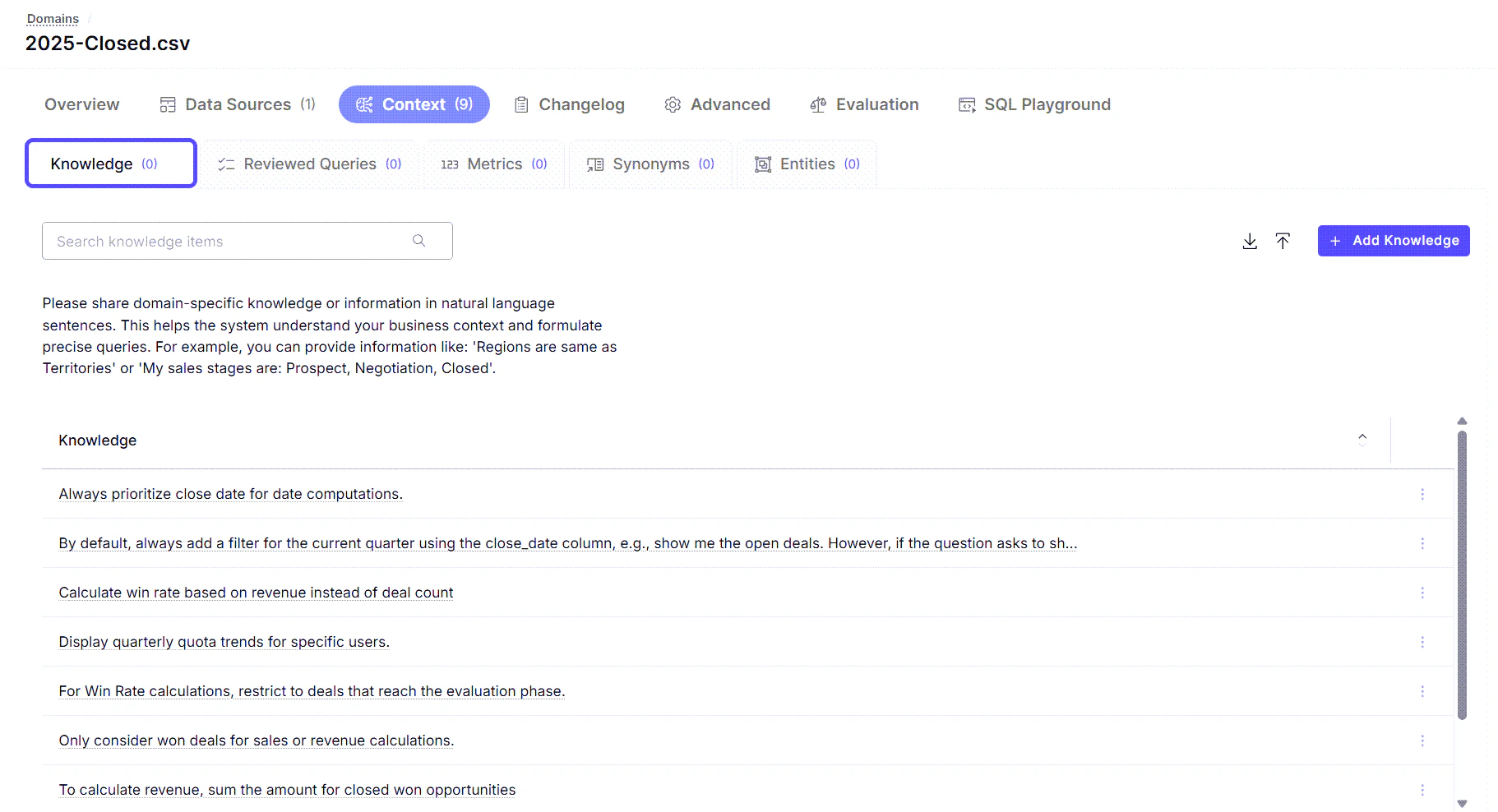 Snippet showing the Knowledge tab