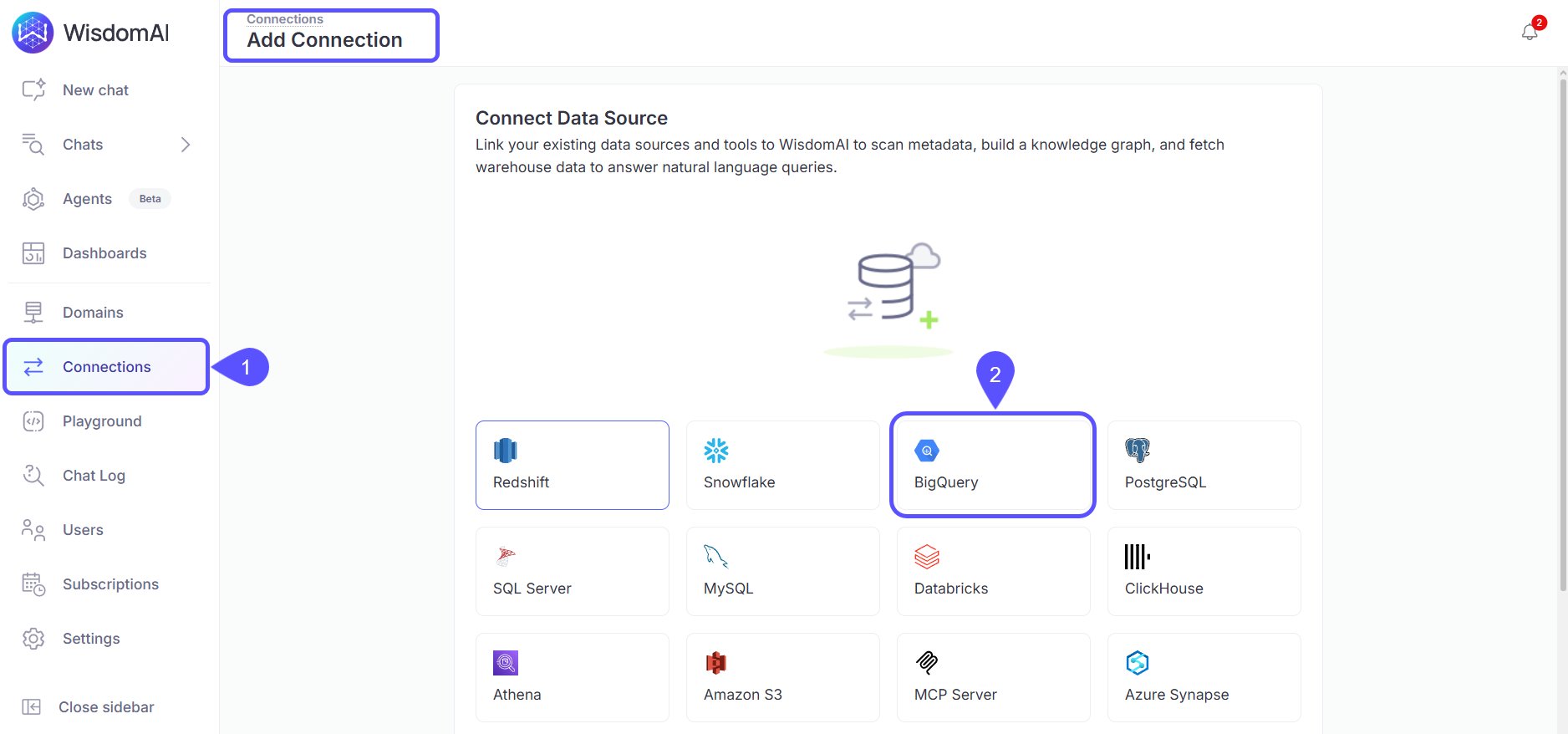 Add Connection BigQuery Add Connection screen showing BigQuery selected as the data source type