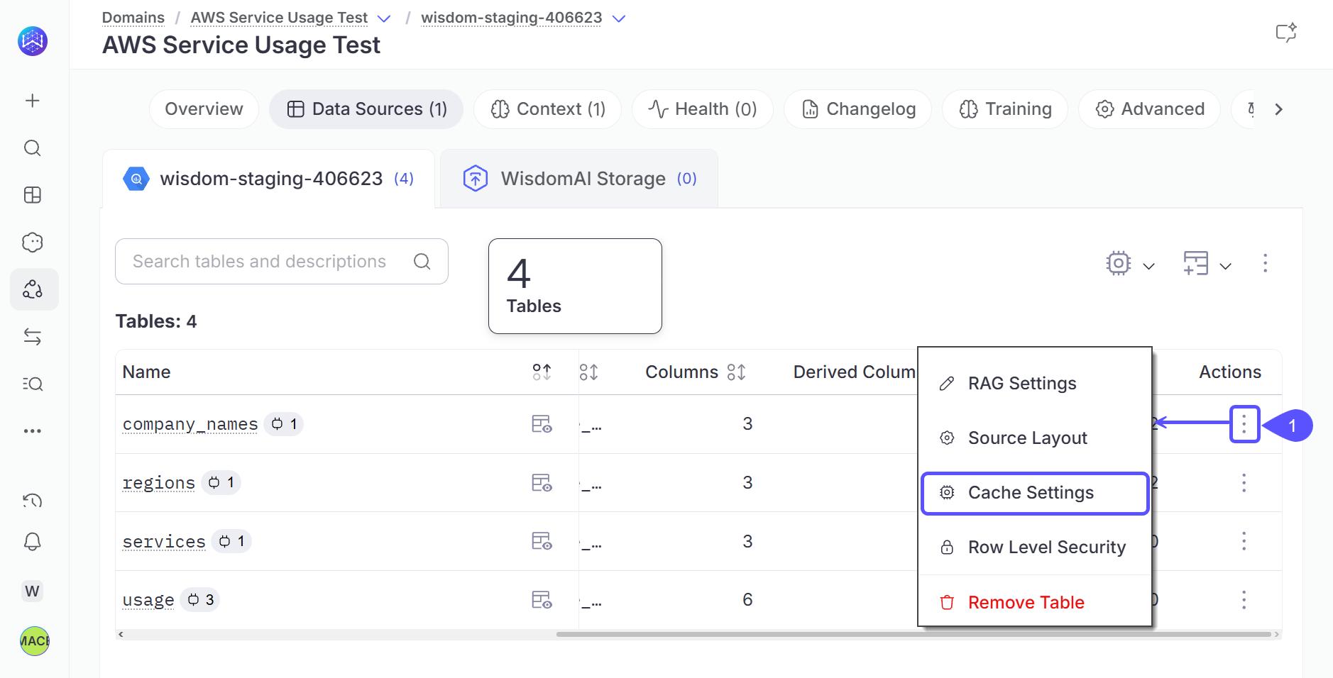 Image showing cache settings for a table
