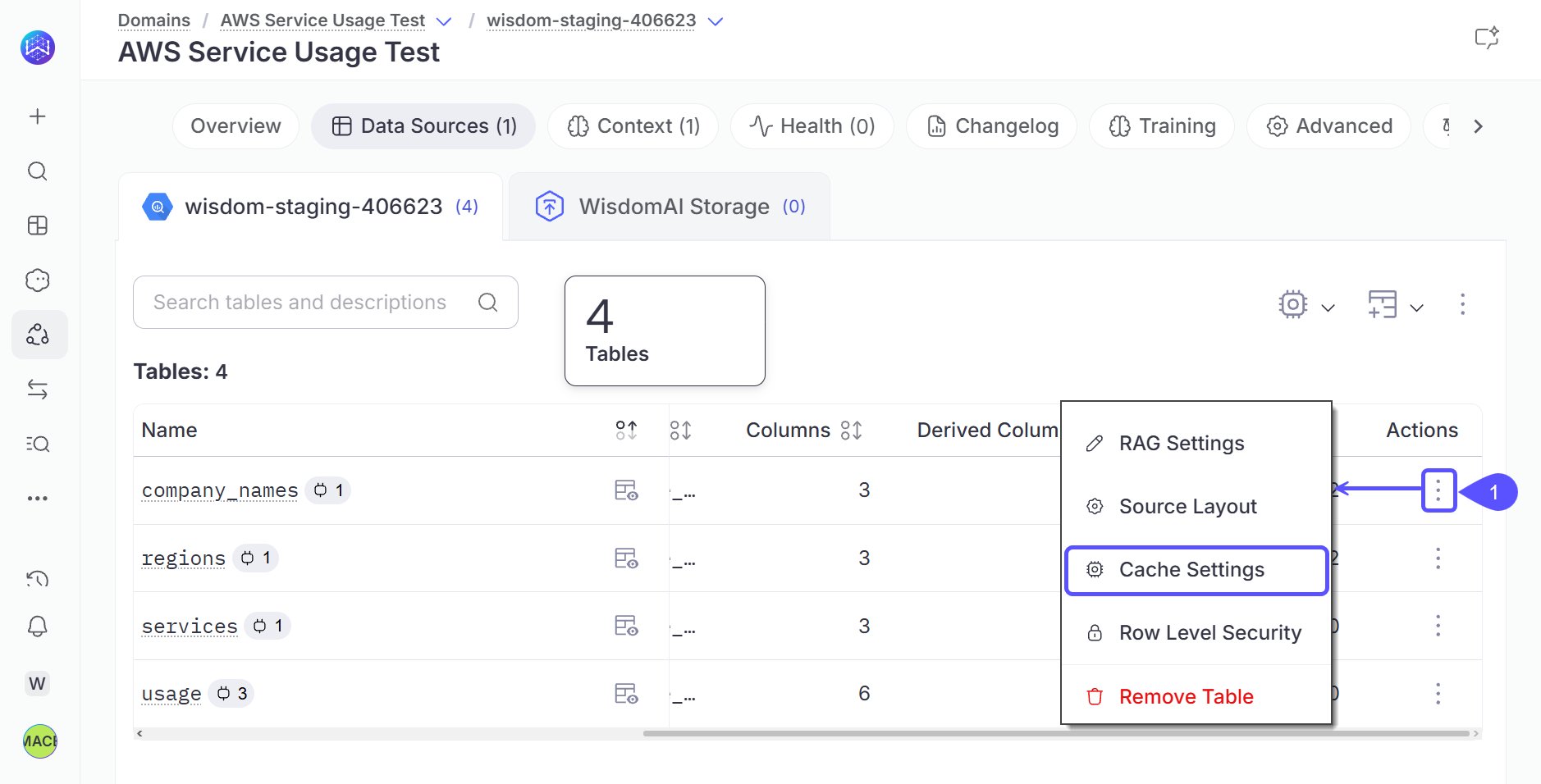 Image showing cache settings for a table