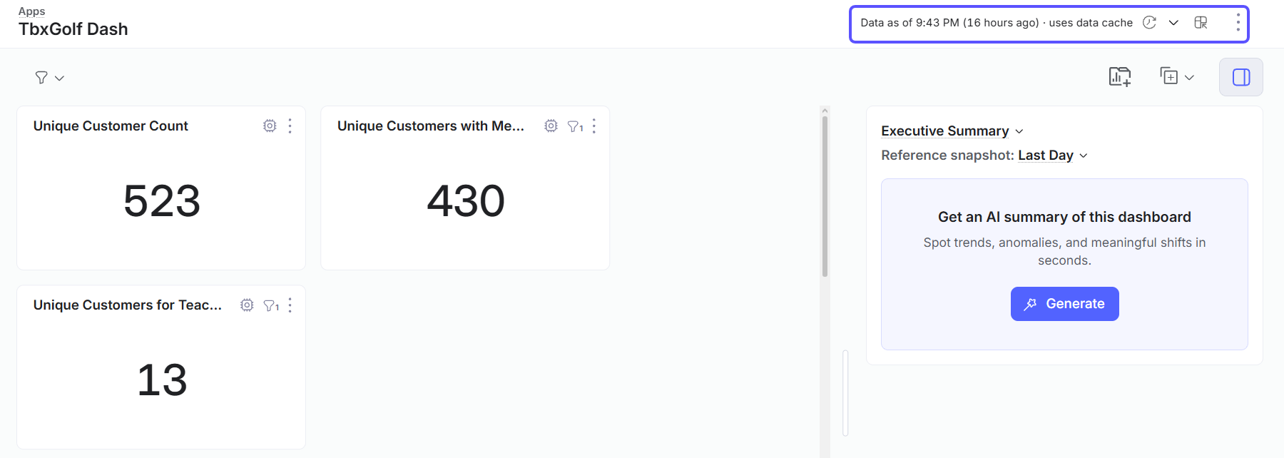 Dashboard header showing Data as of time and uses data cache