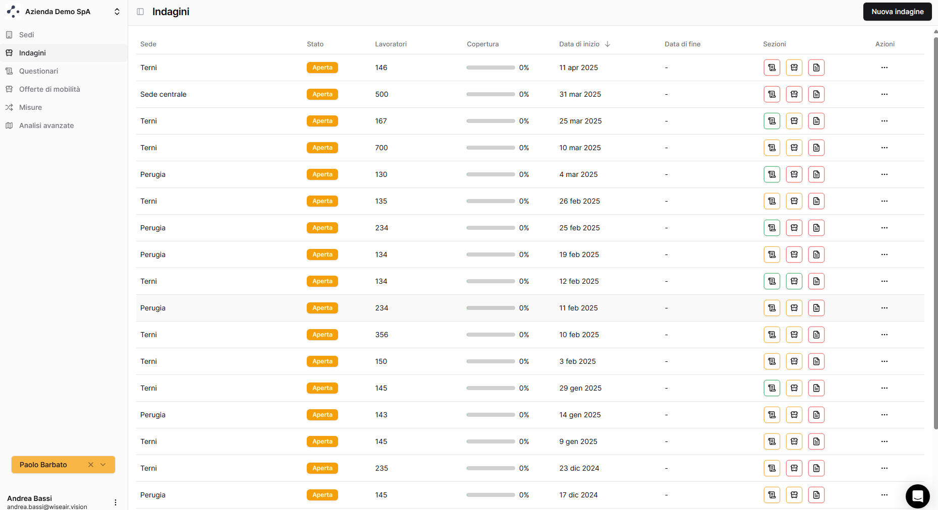 Sezione Indagini della dashboard Wiseair