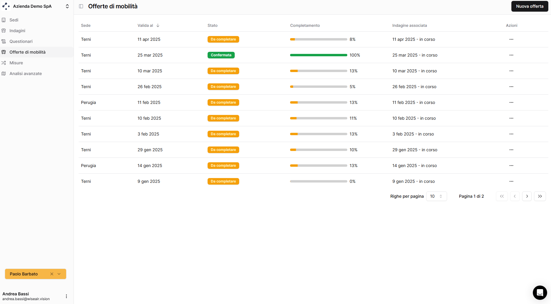 Sezione Offerte di Mobilità della dashboard Wiseair