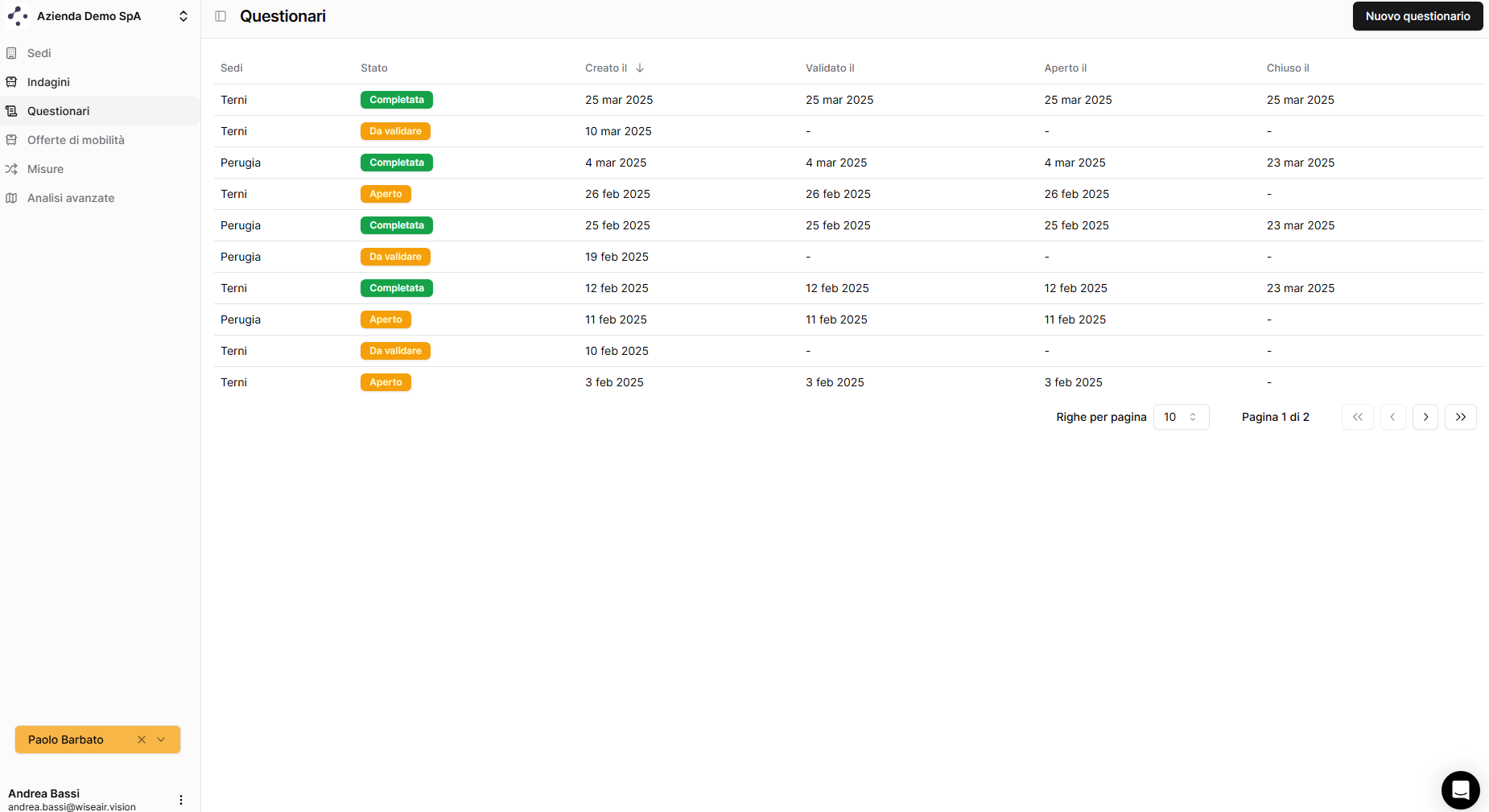 Sezione Questionari della dashboard Wiseair