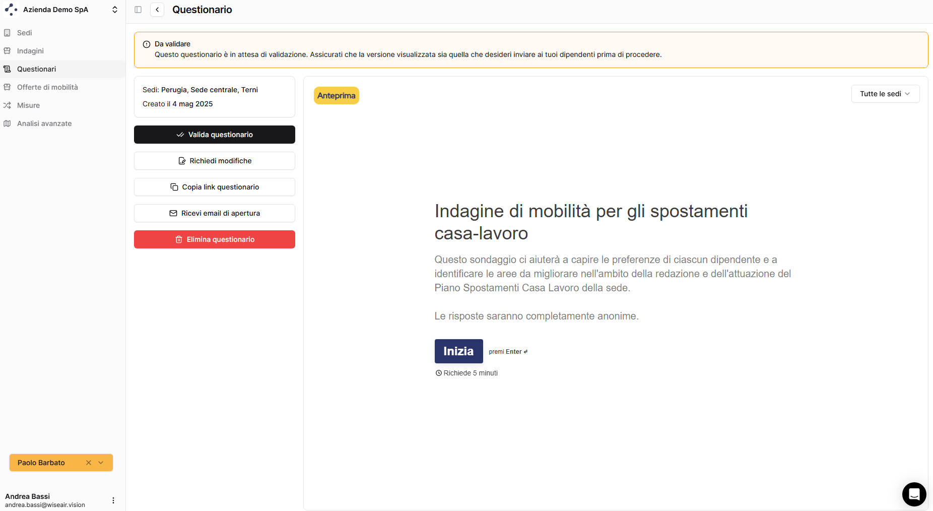 Visualizzazione di un questionario in stato Da validare e aprire