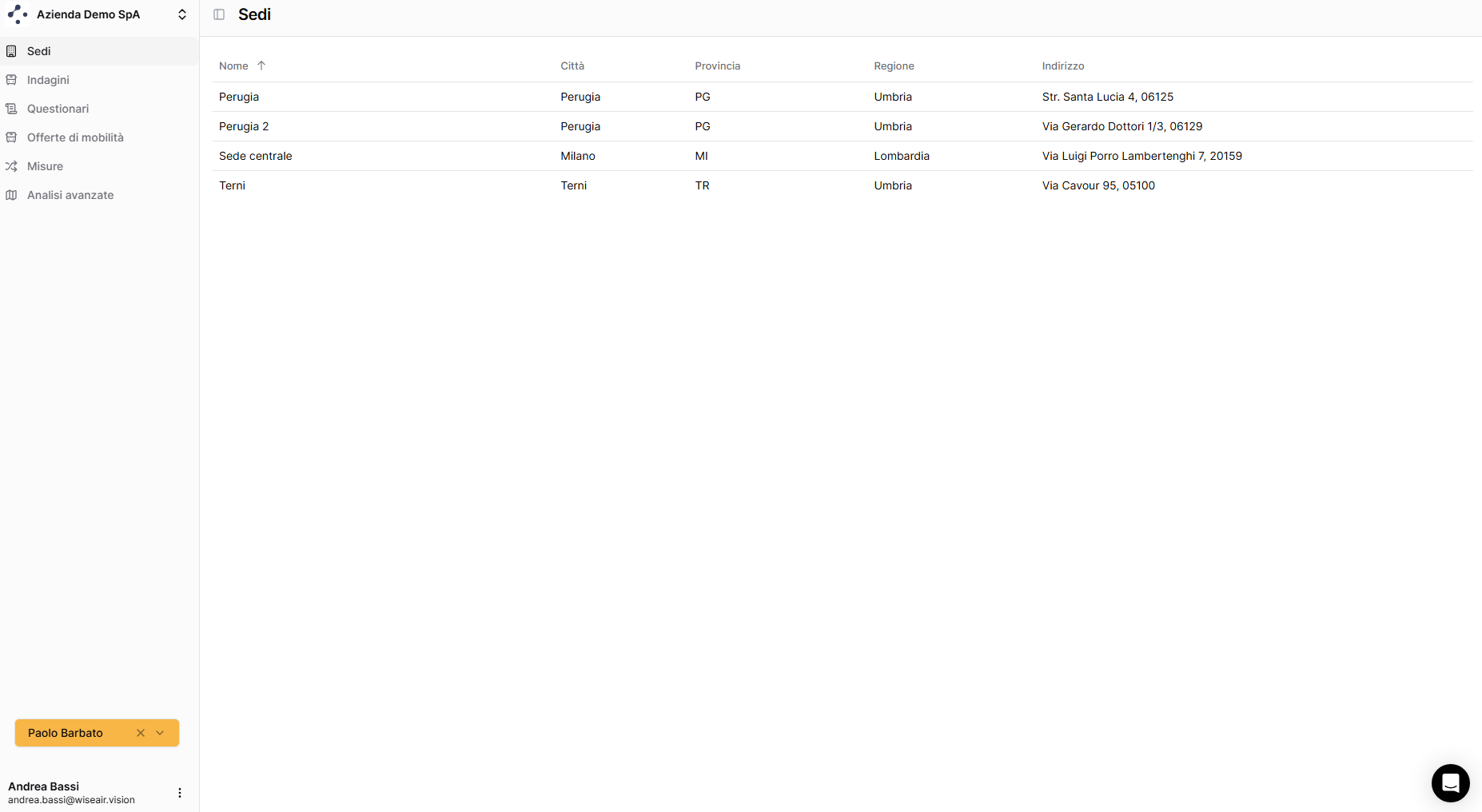 Sezione Sedi della dashboard Wiseair