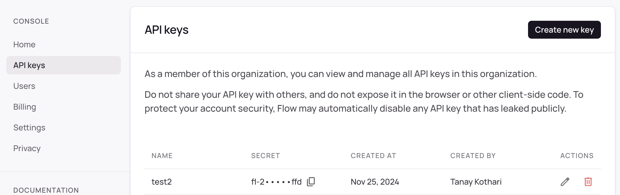 API Keys Screenshot
