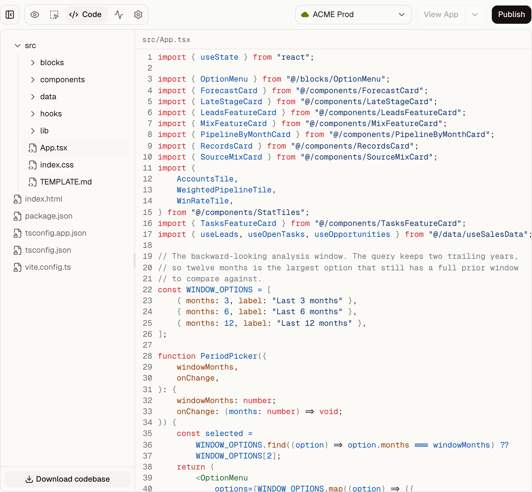 Code tab with App.tsx open and the Download project button below the file tree.