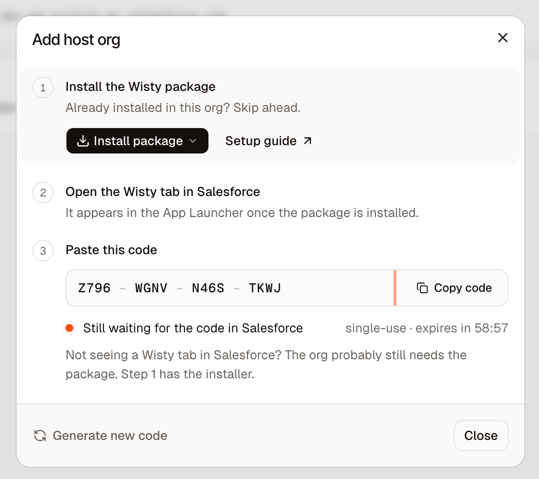 Add host org dialog with three steps: Install the Wisty package, Open the Wisty tab in Salesforce, and Paste this code, showing an activation code, a Copy code button, and a Still waiting for the code in Salesforce status.