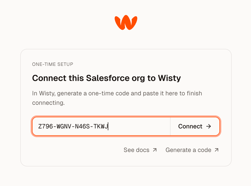 Connect this Salesforce org to Wisty screen inside Salesforce, with an activation code pasted into the code field and a Connect button.