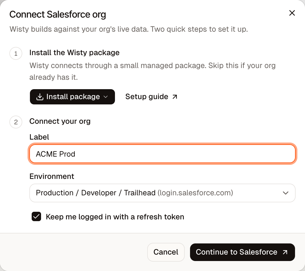Connect Salesforce org dialog with the ACME Prod label, production environment, and refresh token option selected.