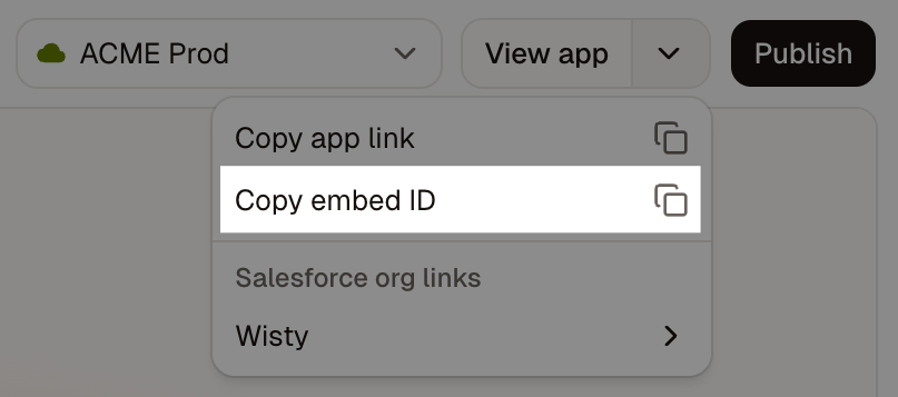 The View app dropdown with Copy embed ID highlighted.
