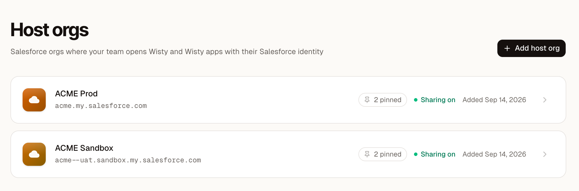 Host orgs page listing ACME Prod and ACME Sandbox, each with 2 pinned apps and Sharing on.