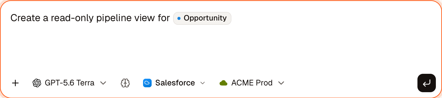 Home message box with an Opportunity object chip, Salesforce design style, and ACME Prod selected.