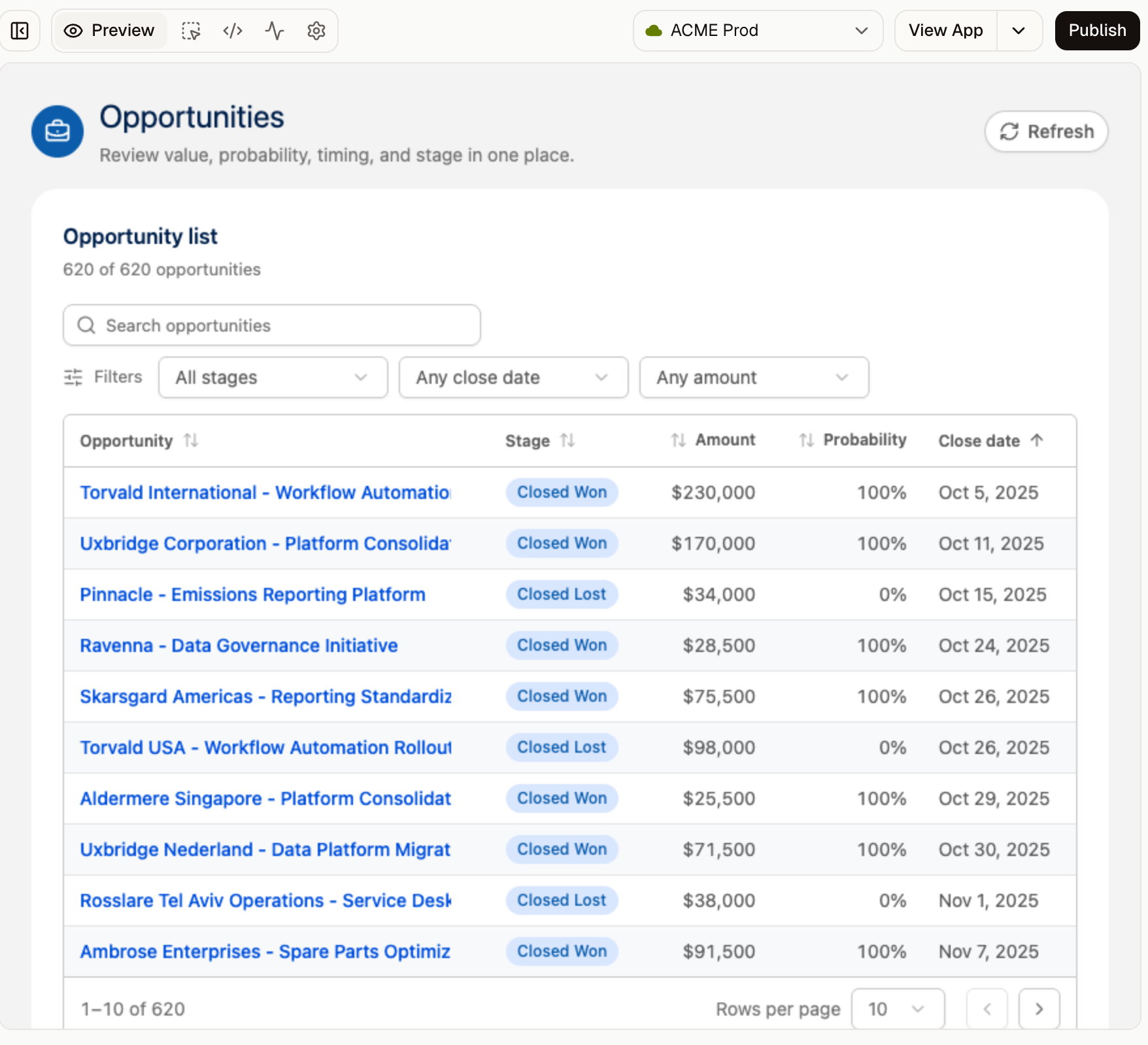Wisty project in Preview showing an Opportunities list with a search box, stage, close date, and amount filters, and a sortable table of opportunities.