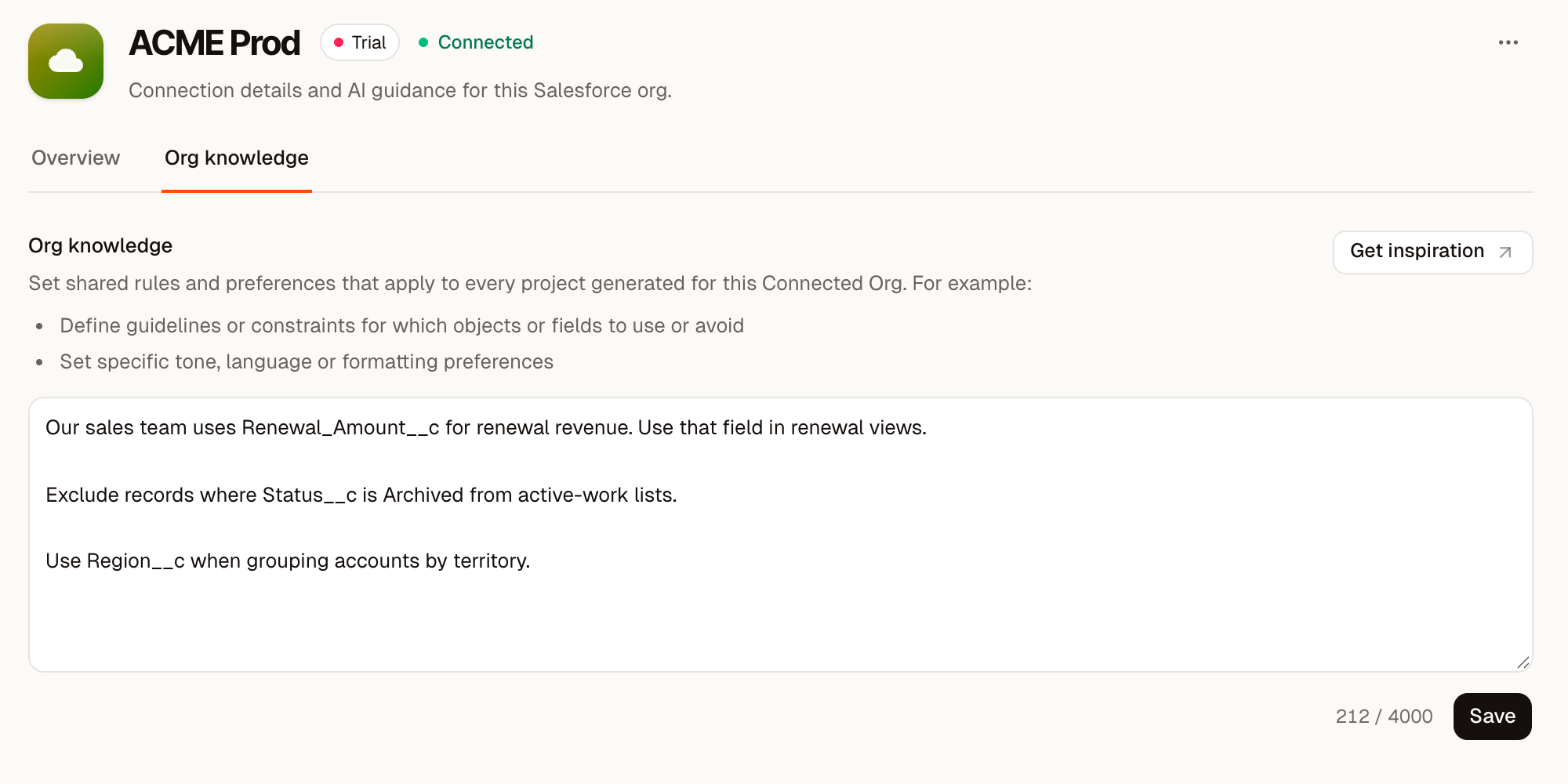 Org knowledge tab for the ACME Prod connected org, with three lines of guidance about custom fields, a 212 of 4000 character counter, and a Save button.