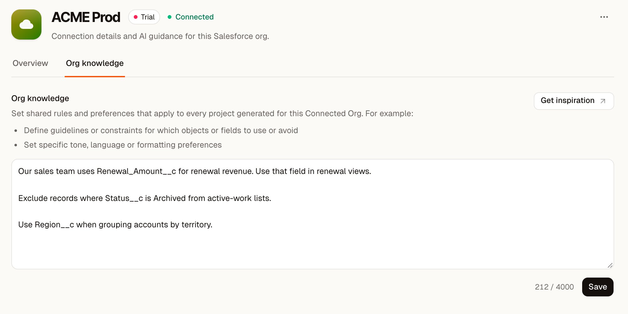 Org knowledge tab for the ACME Prod connected org, with three lines of guidance about custom fields, a 212 of 4000 character counter, and a Save button.