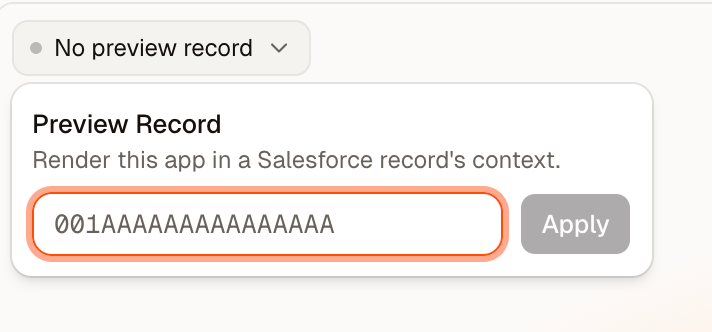 The No preview record control with the Preview Record popover open, showing a record ID field and an Apply button.